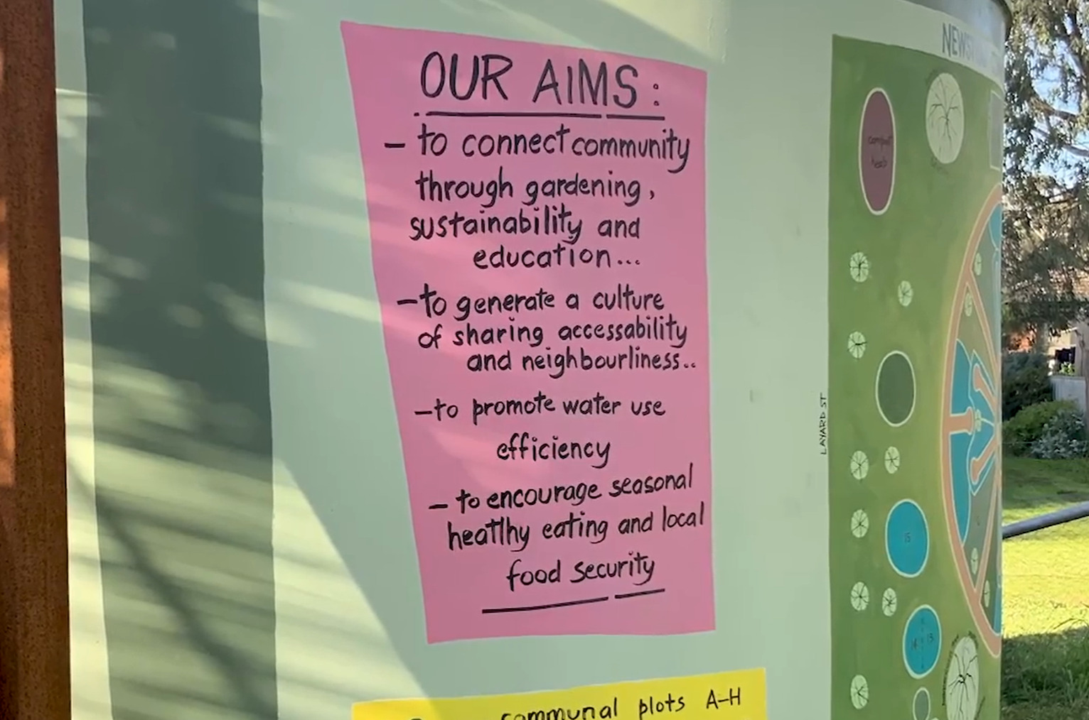 Hand written list of aims about connecting to the community, being sustainable on the side of building