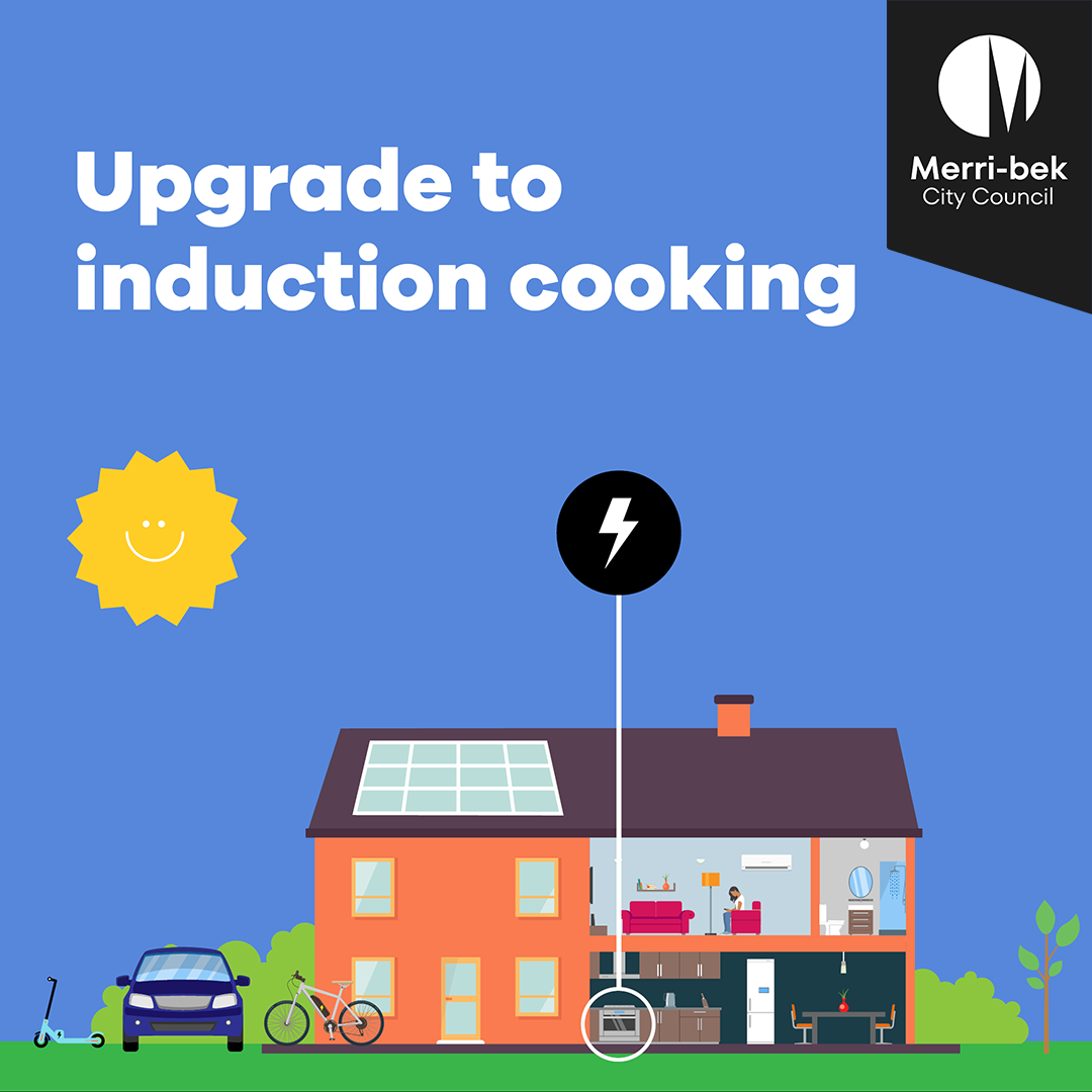 Diagram of a modern sustainable home with an induction cooktop