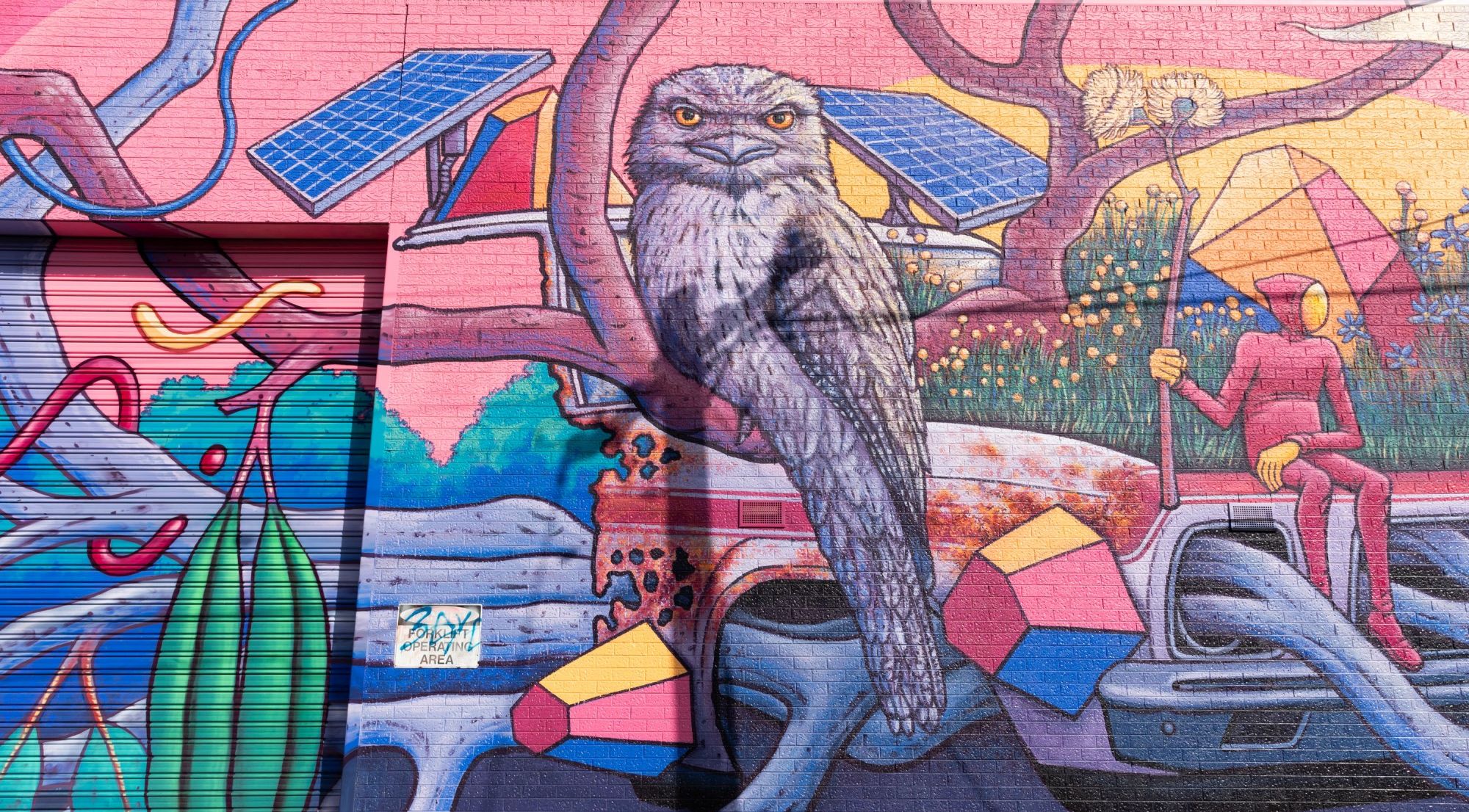 Mural on wall with a tawny frogmouth, solar panles.