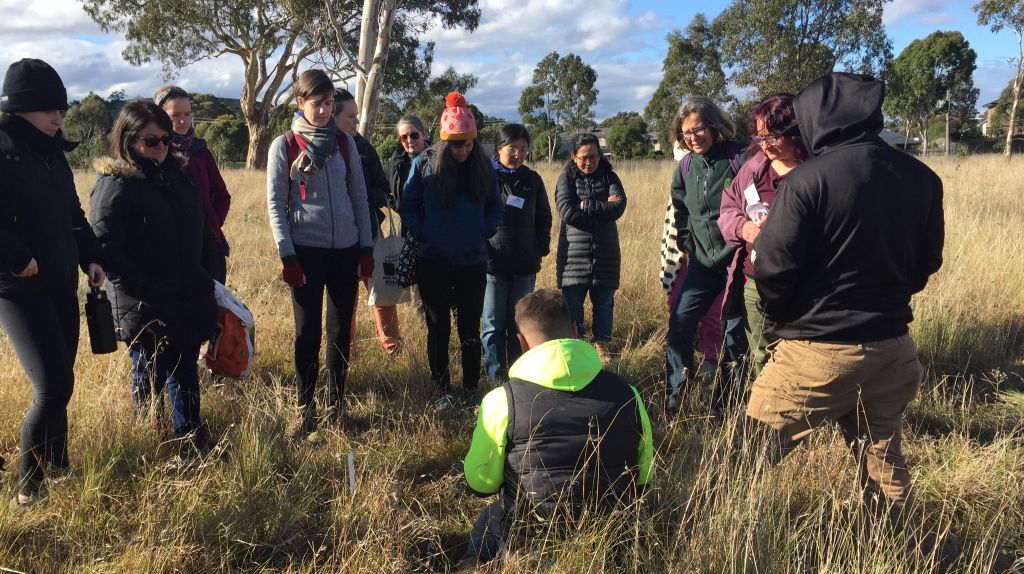 Photo of man in hi-vis starting a fire with people standing around in an Australian bush setting