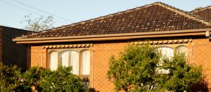 Photo of light brown brick house with trees near windows.