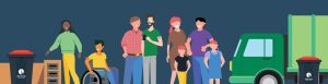 Diagram of people of different shapes, sizes and colours with rubbish bins and a rubbish truck