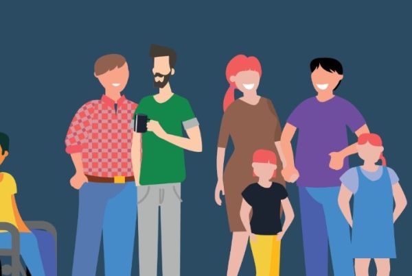 Diagram of people of different shapes, sizes and colours with rubbish bins and a rubbish truck