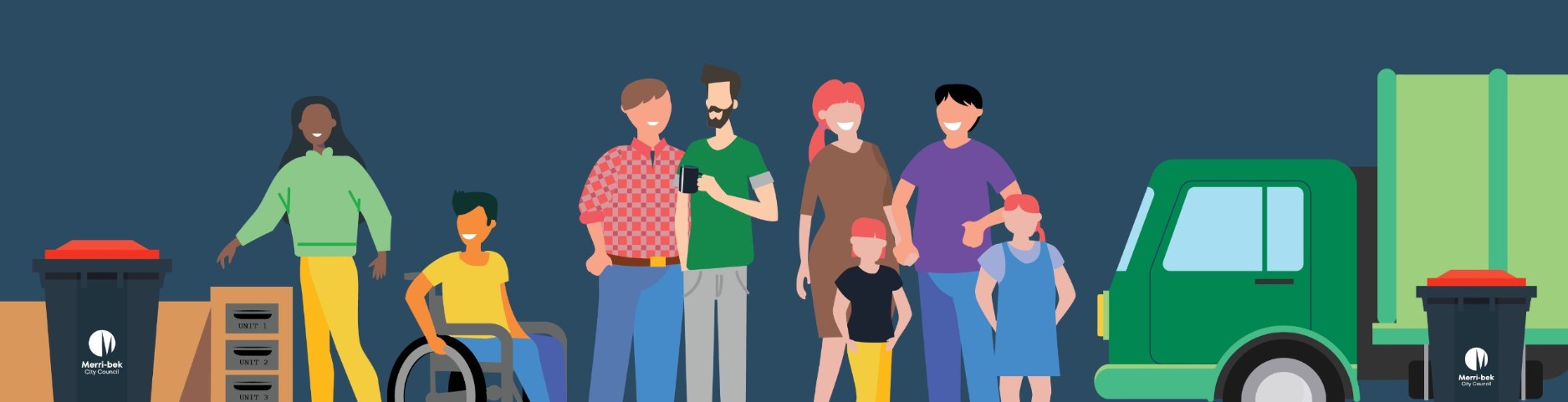 Diagram of people of different shapes, sizes and colours with rubbish bins and a rubbish truck