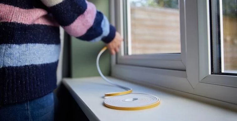 Photo of person placing draught-proofing tape to window frame