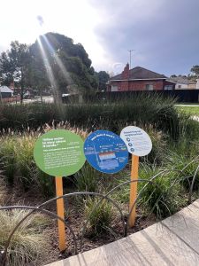 Signage in three circles explaining how the wetland works in front of plants and parkland with houses in background.